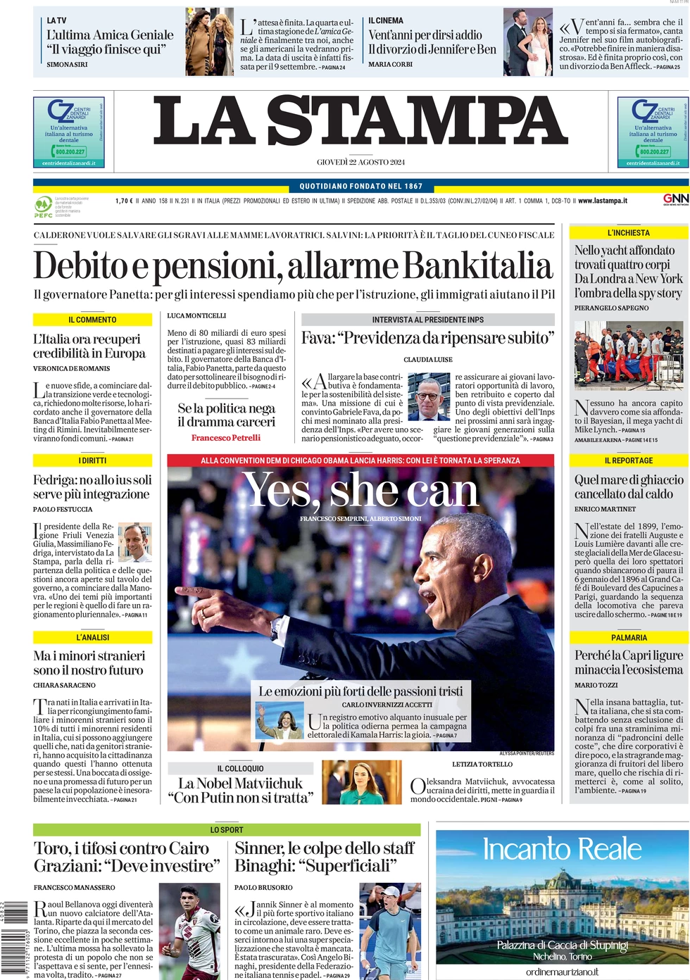 anteprima della prima pagina di la-stampa del 22/08/2024