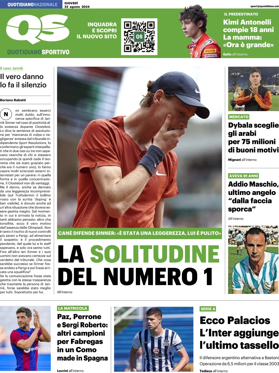 anteprima della prima pagina di qs-quotidiano-sportivo del 22/08/2024