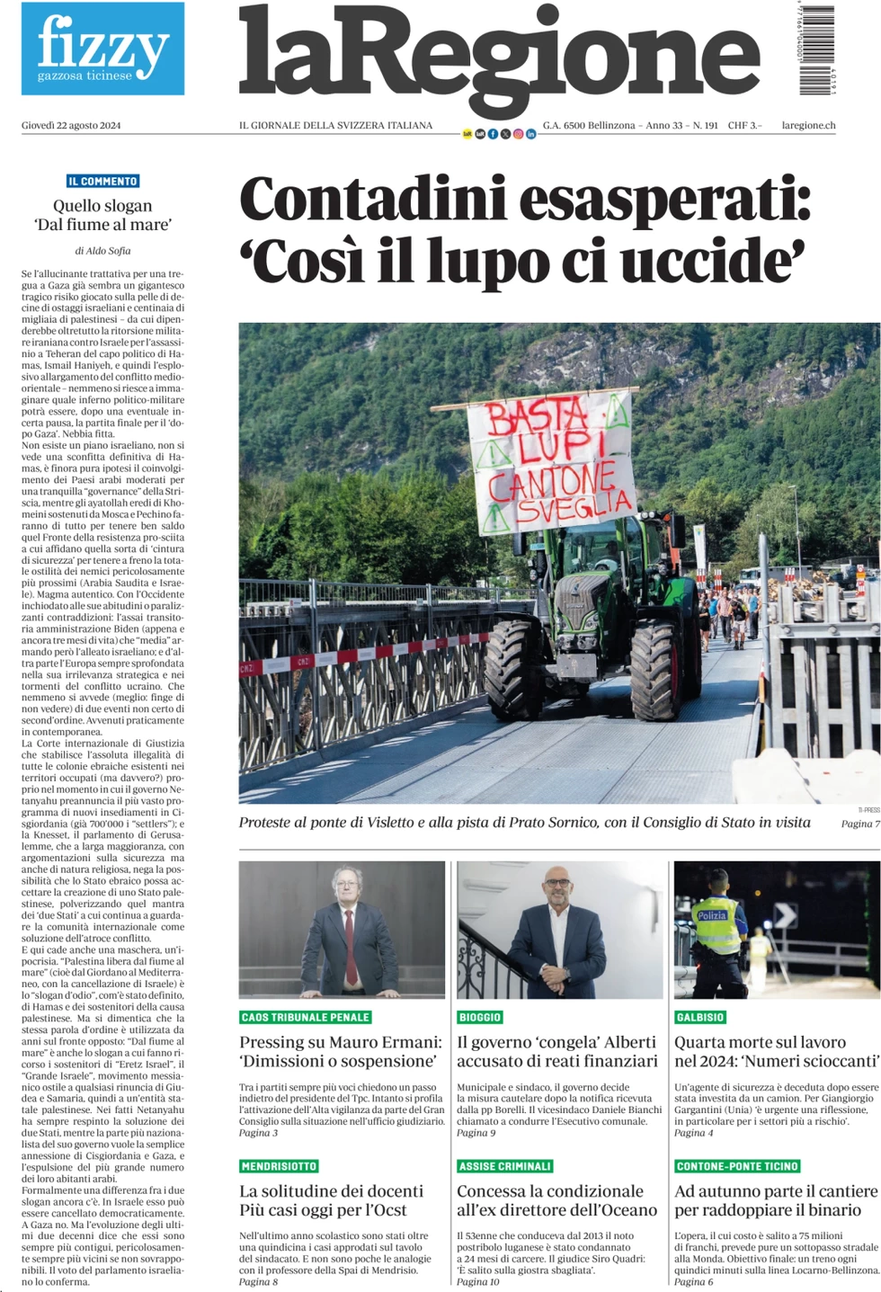 anteprima della prima pagina di la-regione del 22/08/2024