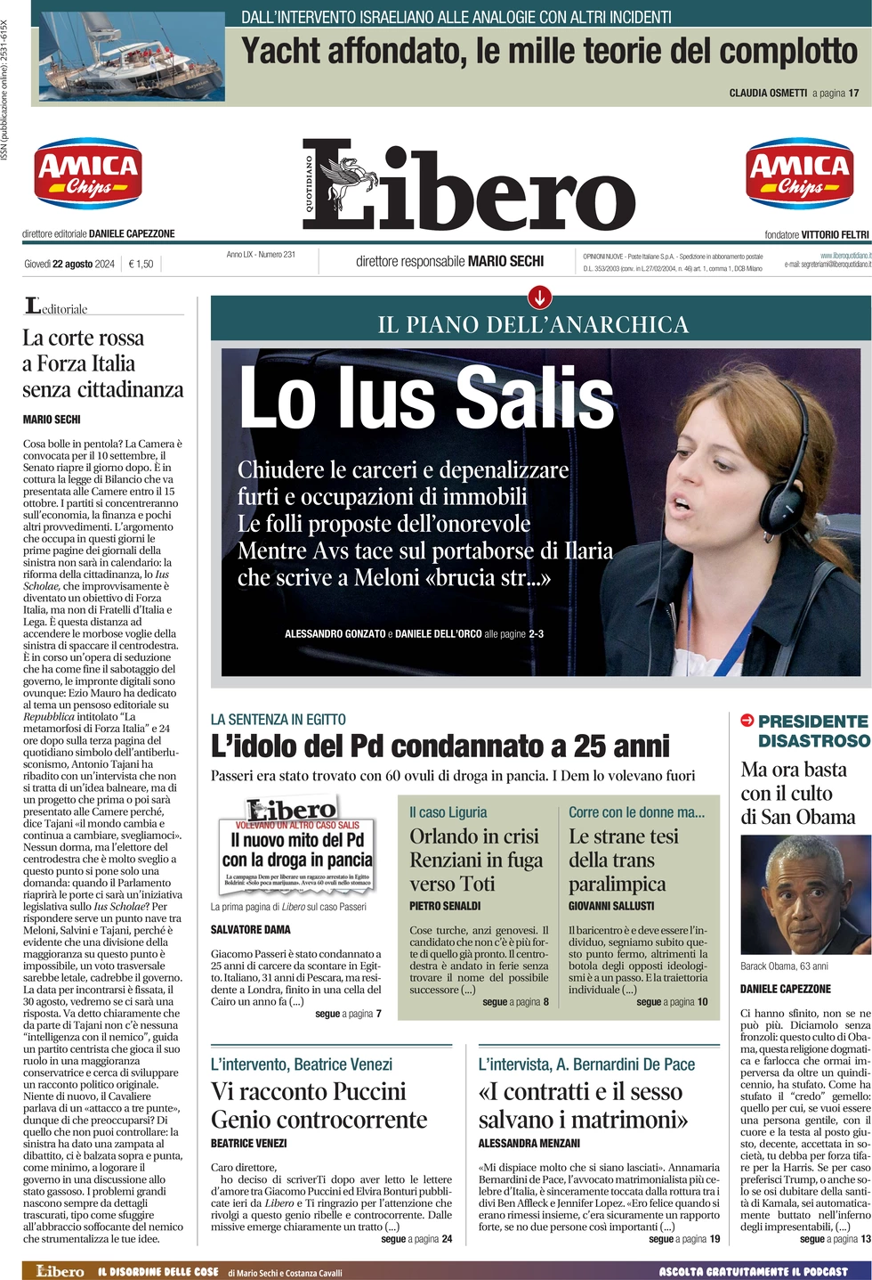 anteprima della prima pagina di libero-quotidiano del 22/08/2024