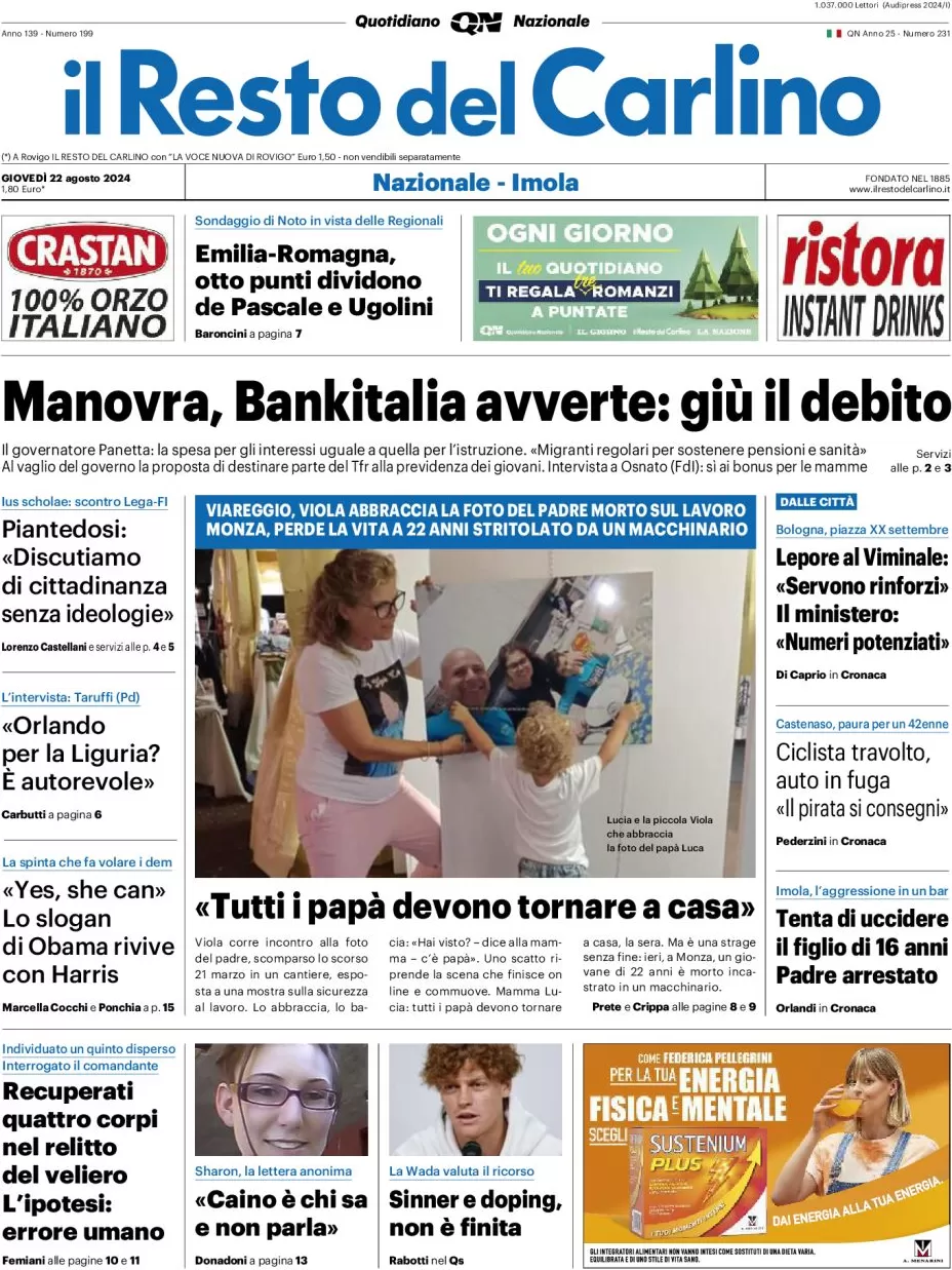 anteprima della prima pagina di il-resto-del-carlino del 22/08/2024