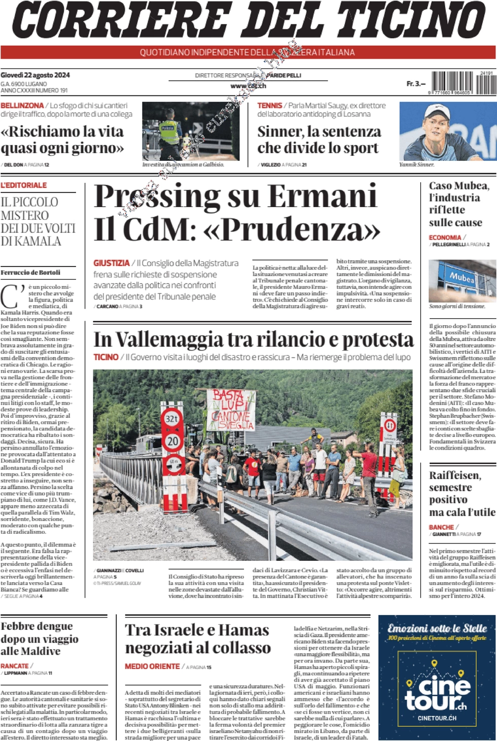 anteprima della prima pagina di corriere-del-ticino del 22/08/2024