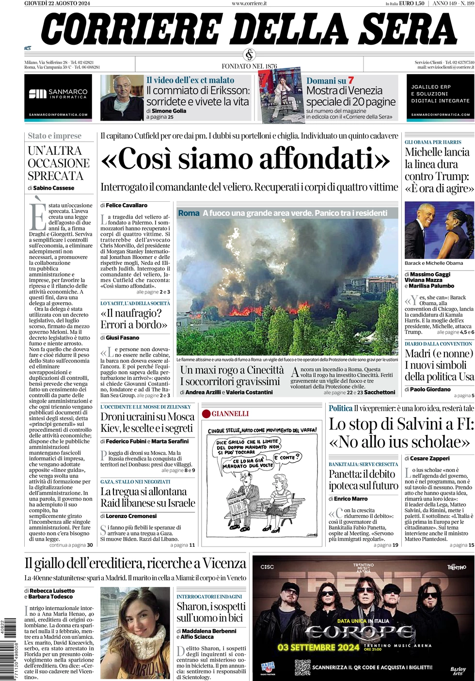 anteprima della prima pagina di corriere-della-sera del 22/08/2024