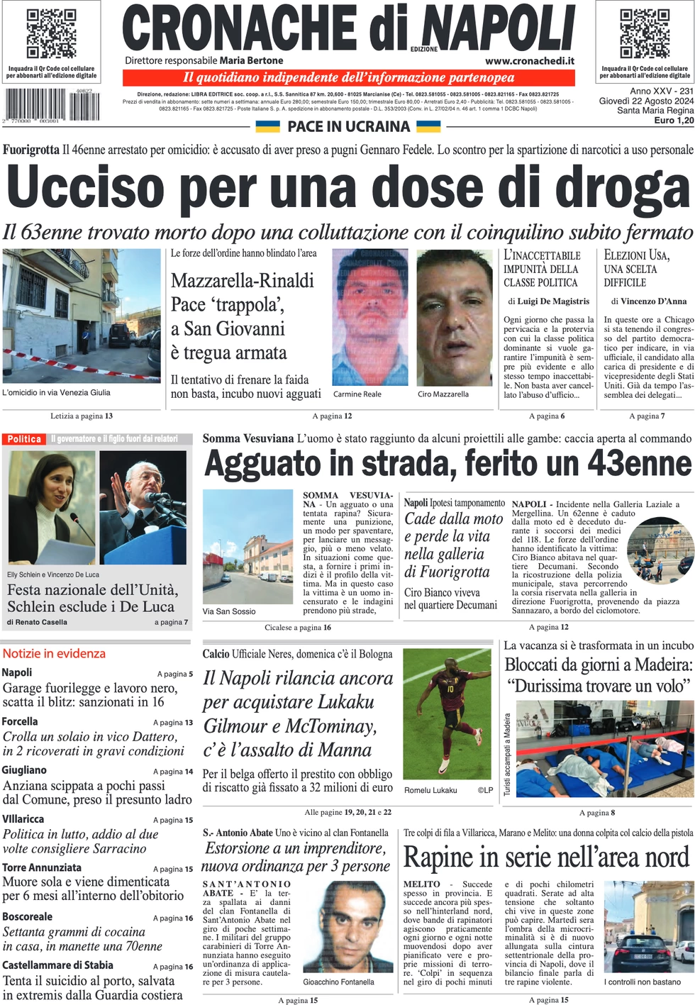 anteprima della prima pagina di cronache-di-napoli del 22/08/2024