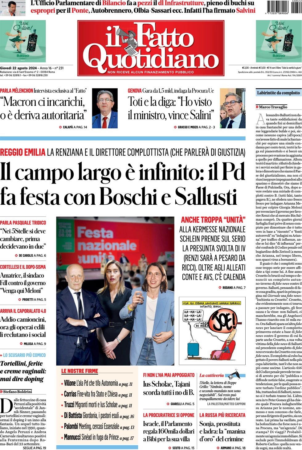 anteprima della prima pagina di il-fatto-quotidiano del 22/08/2024