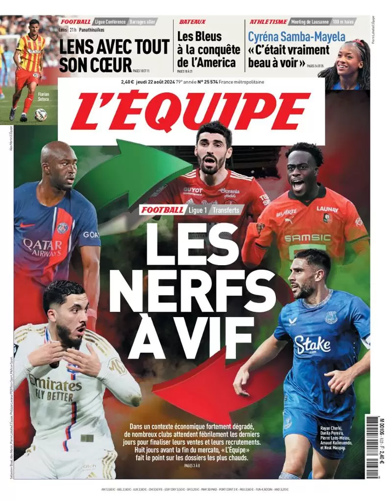 anteprima della prima pagina di lequipe del 22/08/2024