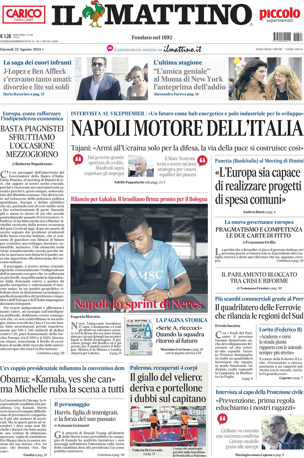 anteprima della prima pagina di il-mattino del 22/08/2024