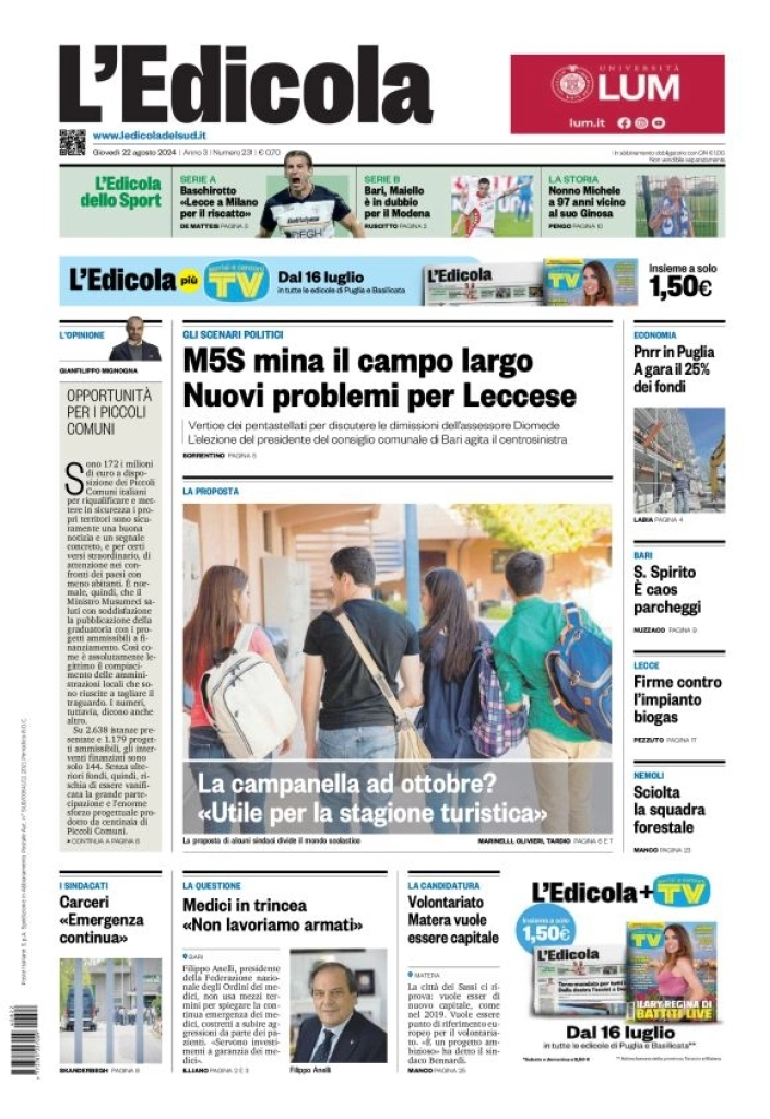 anteprima della prima pagina di ledicola-del-sud-bari,-foggia,-basilicata del 22/08/2024