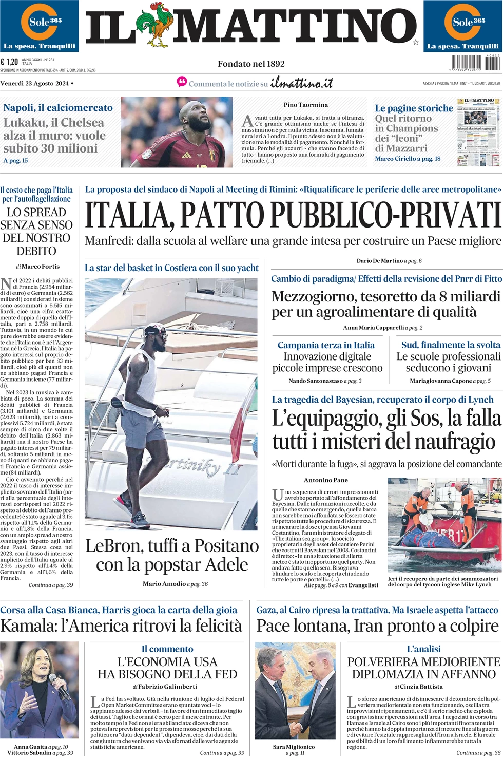 anteprima della prima pagina di il-mattino del 23/08/2024