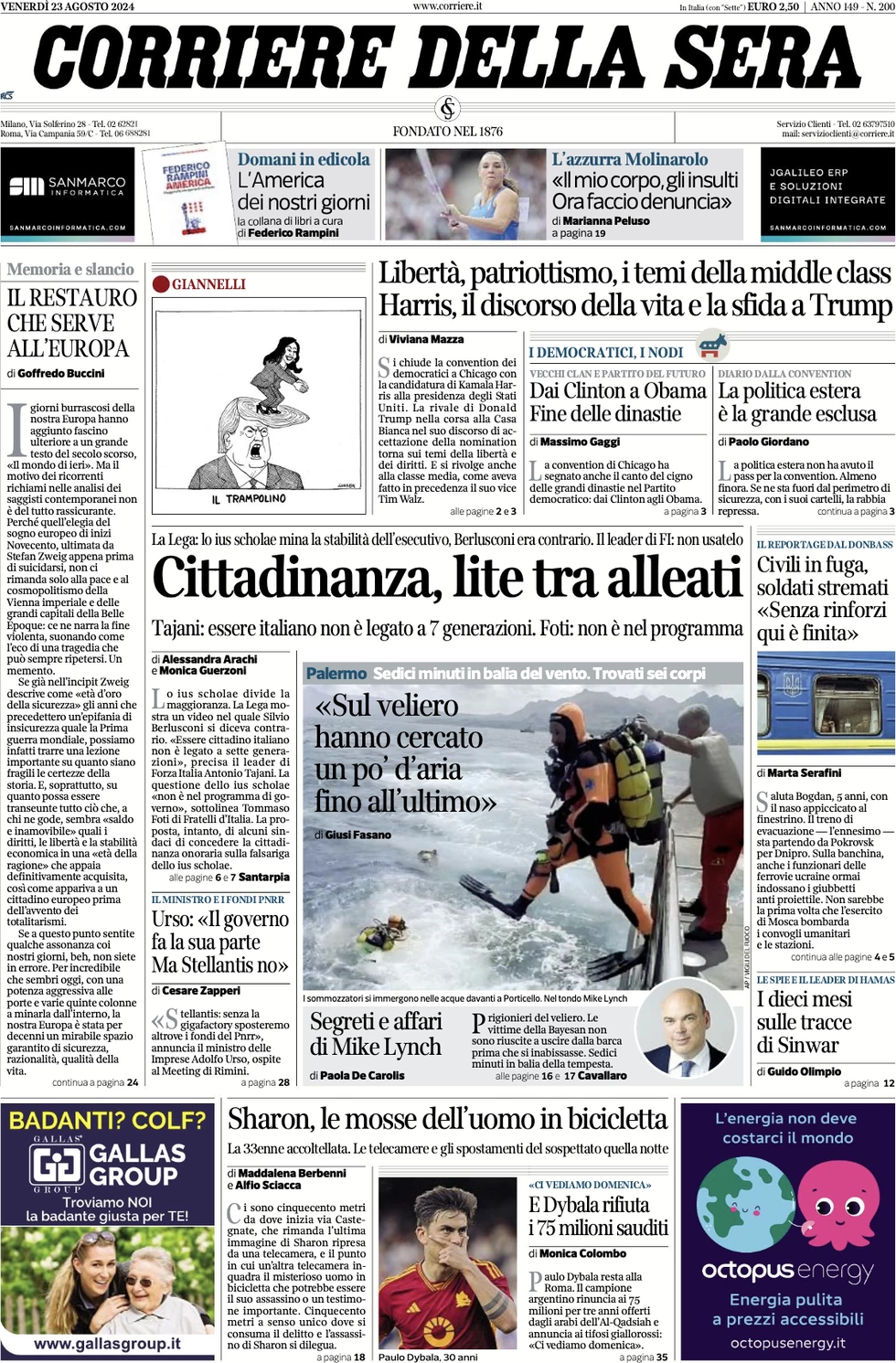 anteprima della prima pagina di corriere-della-sera del 23/08/2024