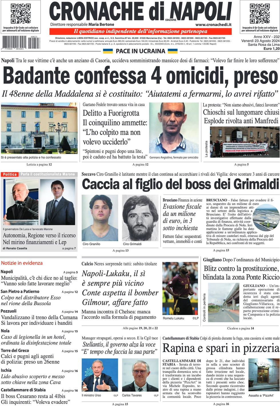 anteprima della prima pagina di cronache-di-napoli del 23/08/2024