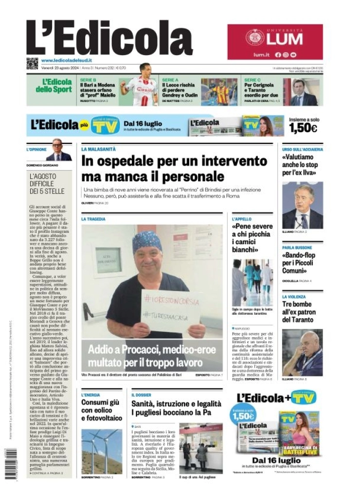anteprima della prima pagina di ledicola-del-sud-bari,-foggia,-basilicata del 23/08/2024