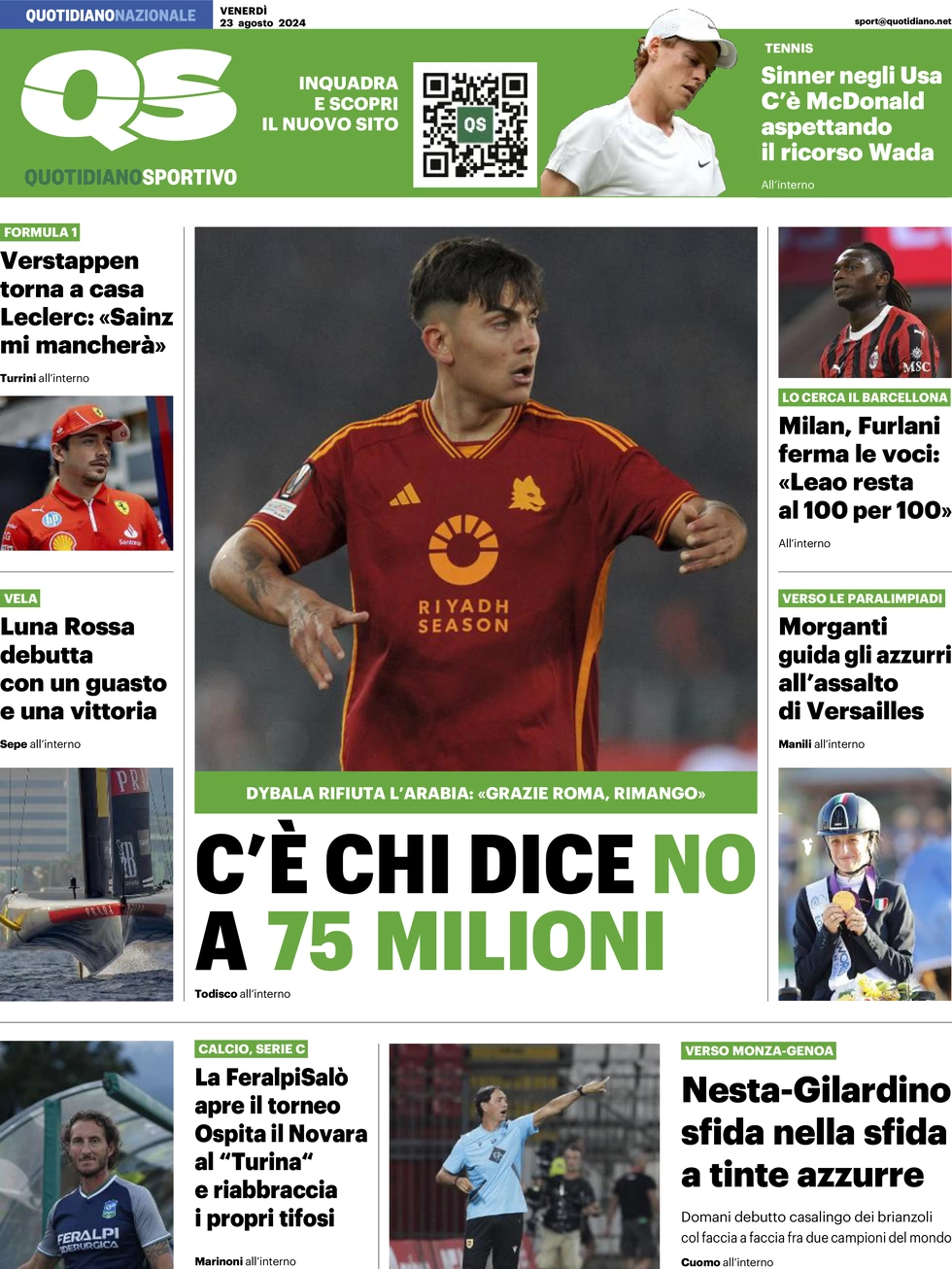 anteprima della prima pagina di qs-quotidiano-sportivo del 23/08/2024