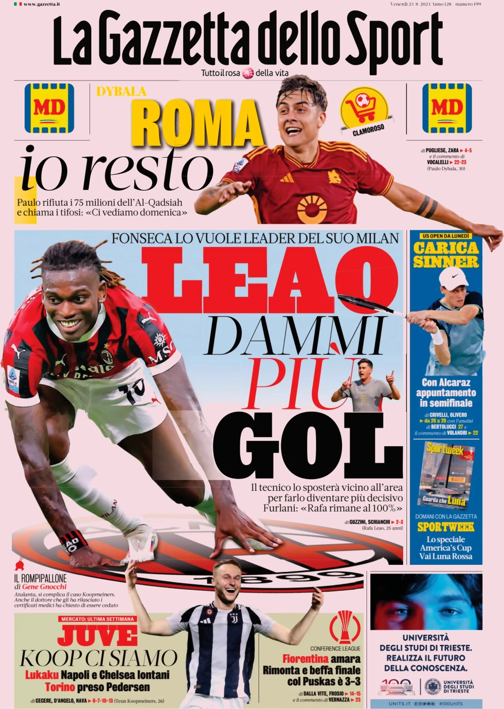 anteprima della prima pagina di la-gazzetta-dello-sport del 23/08/2024