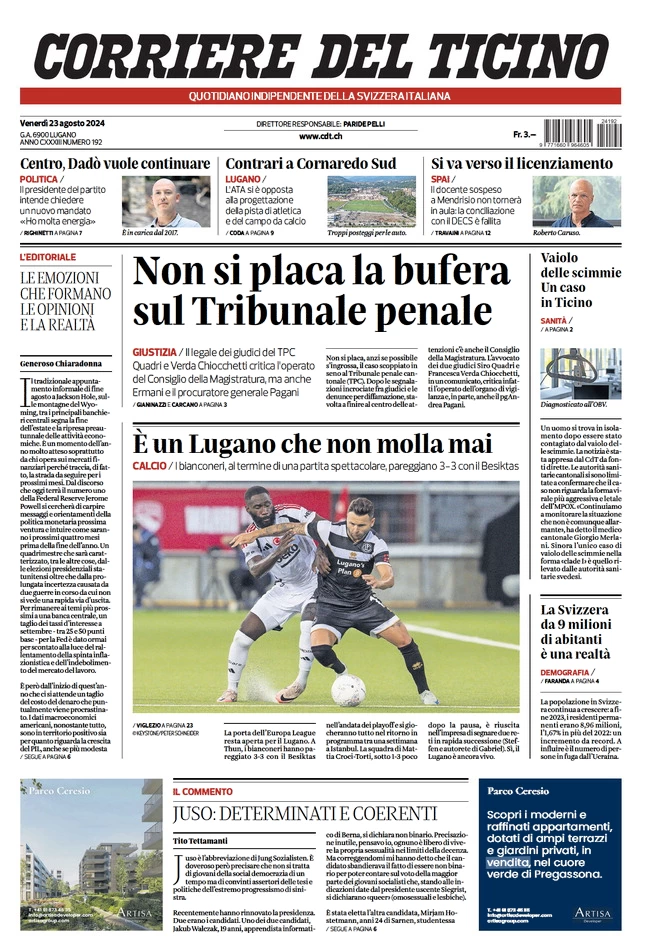 anteprima della prima pagina di corriere-del-ticino del 23/08/2024