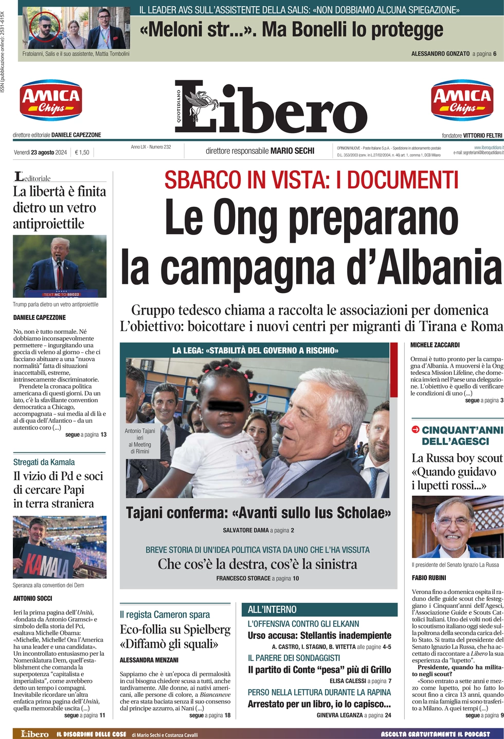 anteprima della prima pagina di libero-quotidiano del 23/08/2024