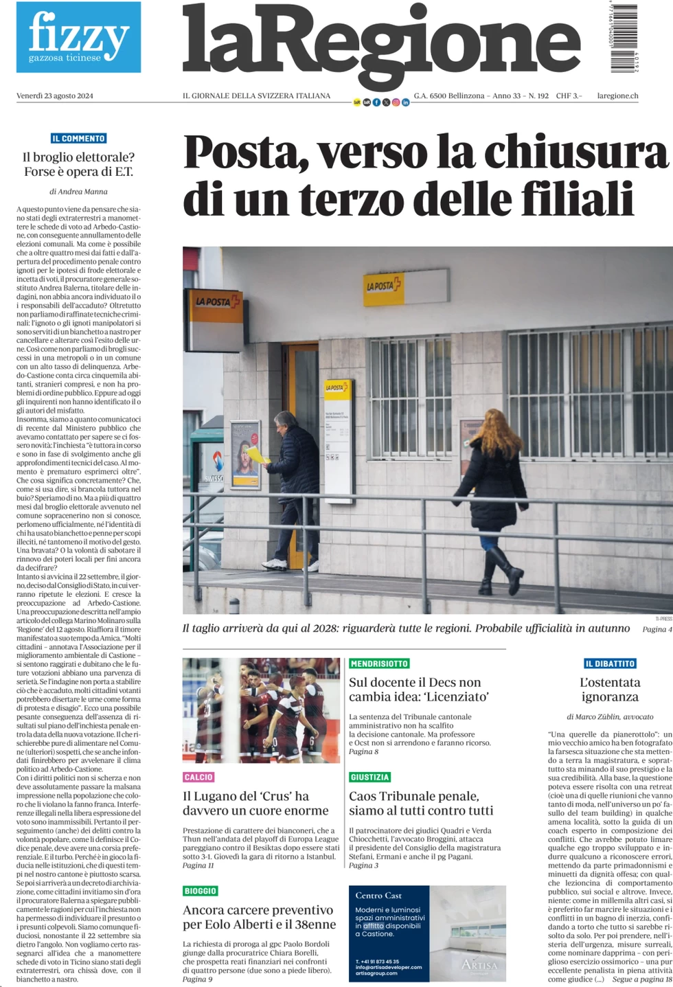 anteprima della prima pagina di la-regione del 23/08/2024