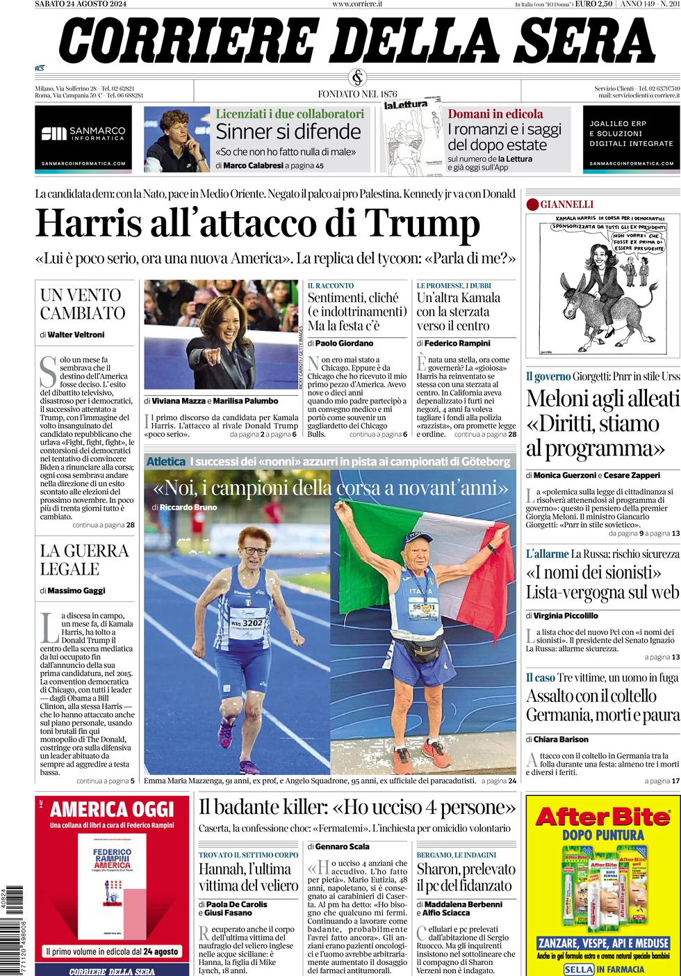 anteprima della prima pagina di corriere-della-sera del 24/08/2024