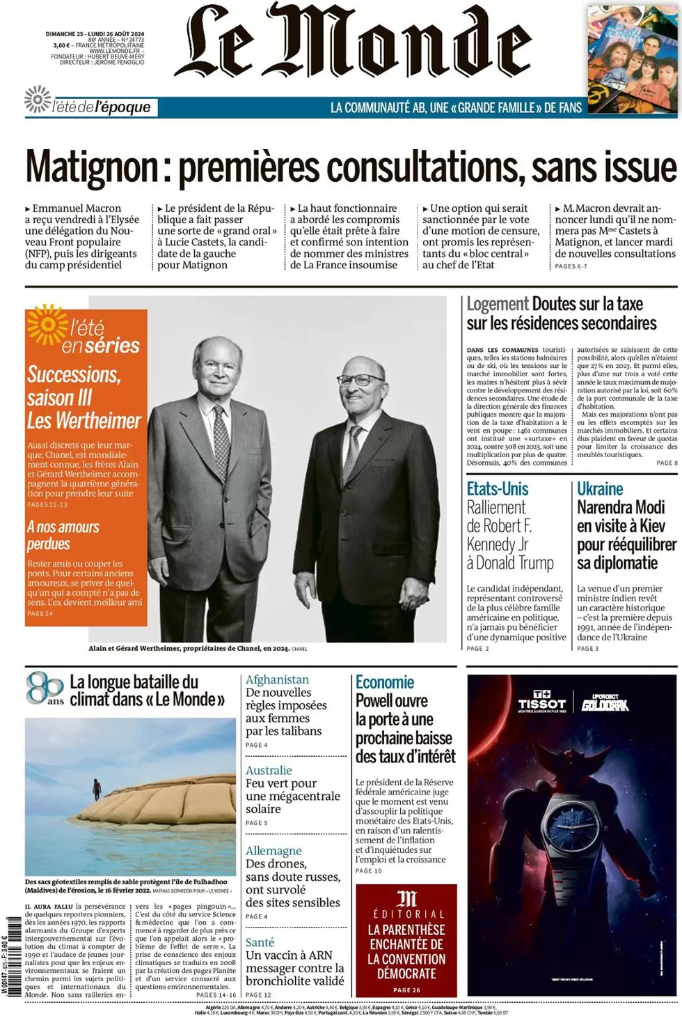 anteprima della prima pagina di le-monde del 24/08/2024