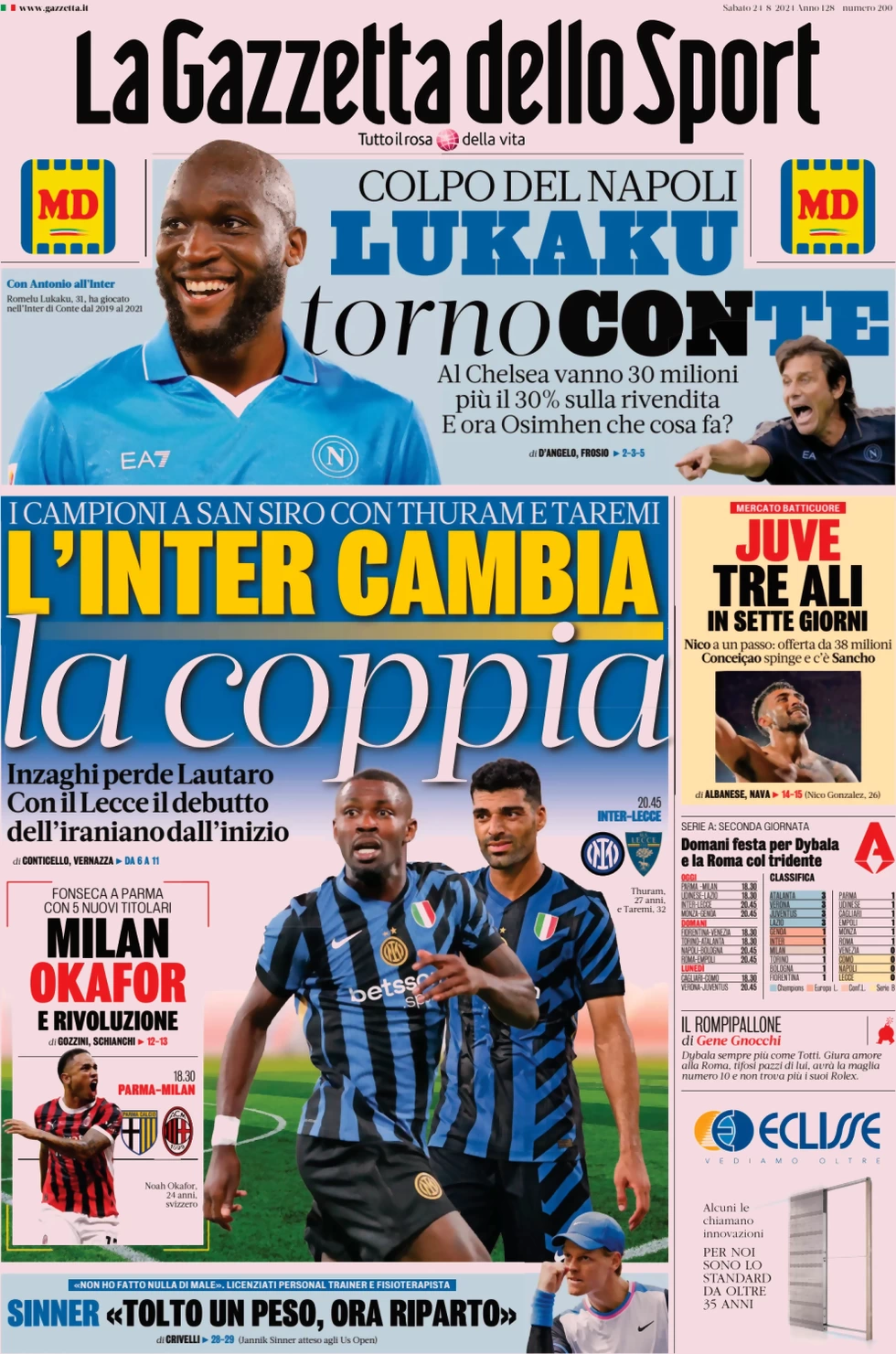 anteprima della prima pagina di la-gazzetta-dello-sport del 24/08/2024