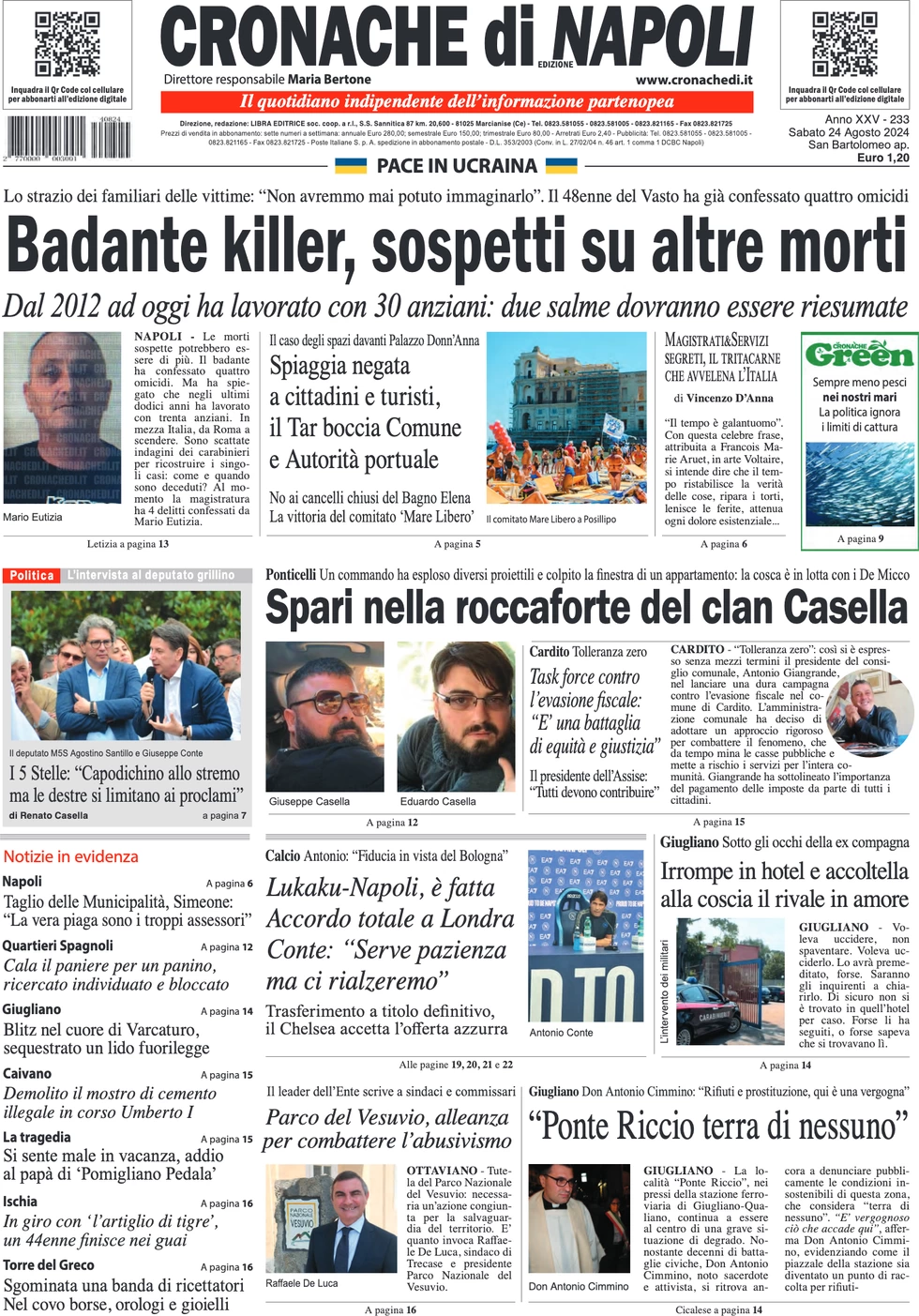 anteprima della prima pagina di cronache-di-napoli del 24/08/2024