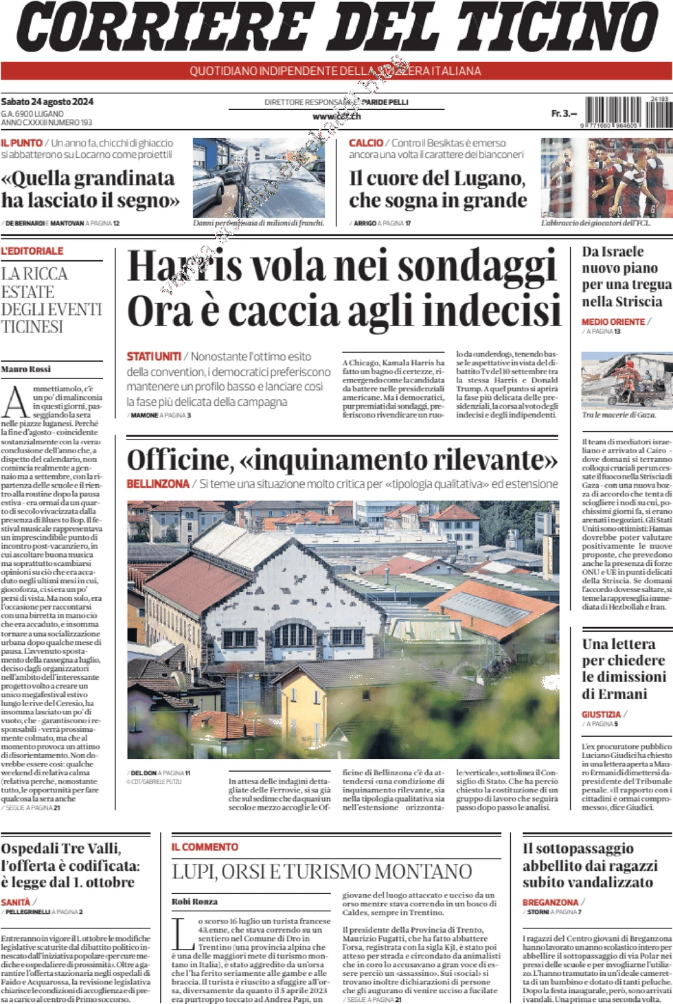 anteprima della prima pagina di corriere-del-ticino del 24/08/2024