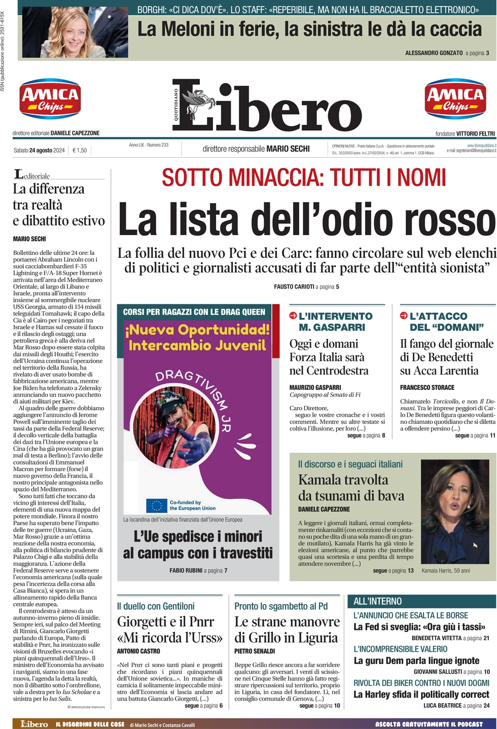 anteprima della prima pagina di libero-quotidiano del 24/08/2024