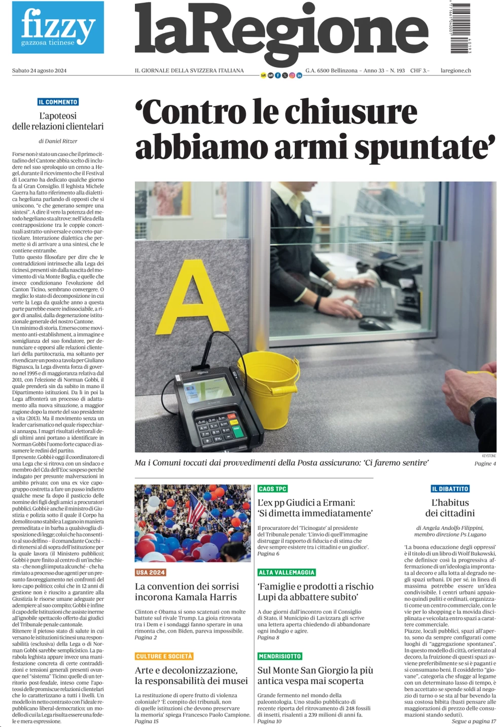 anteprima della prima pagina di la-regione del 24/08/2024