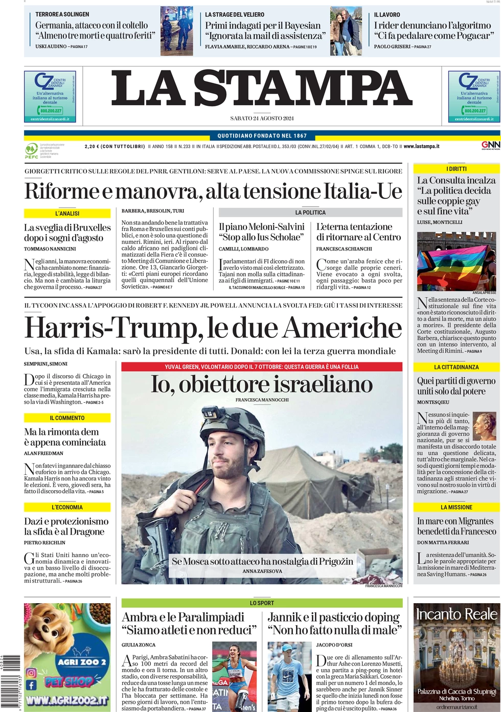 anteprima della prima pagina di la-stampa del 24/08/2024