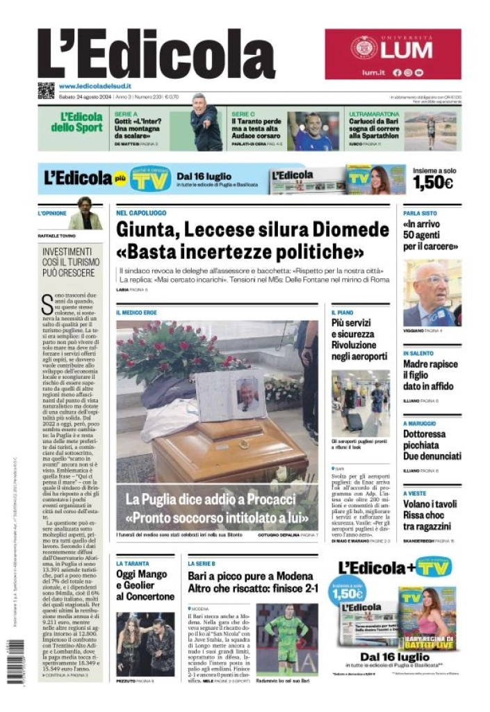 anteprima della prima pagina di ledicola-del-sud-bari,-foggia,-basilicata del 24/08/2024