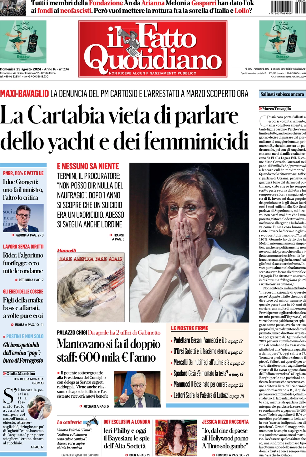 anteprima della prima pagina di il-fatto-quotidiano del 25/08/2024