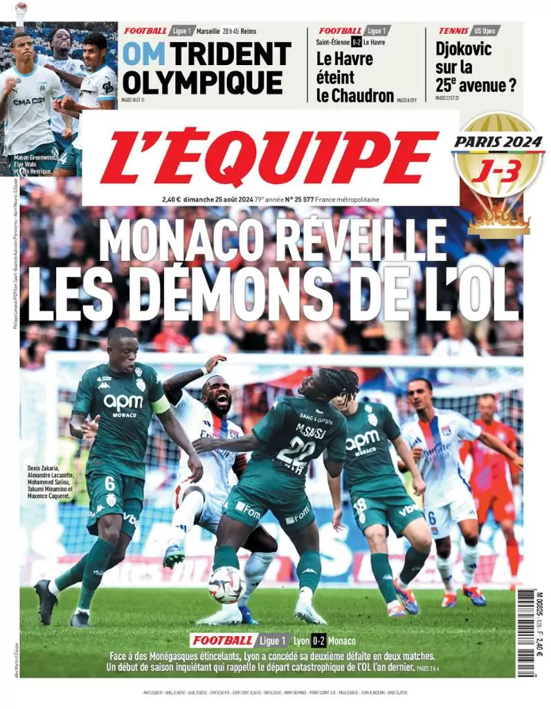 anteprima della prima pagina di lequipe del 25/08/2024