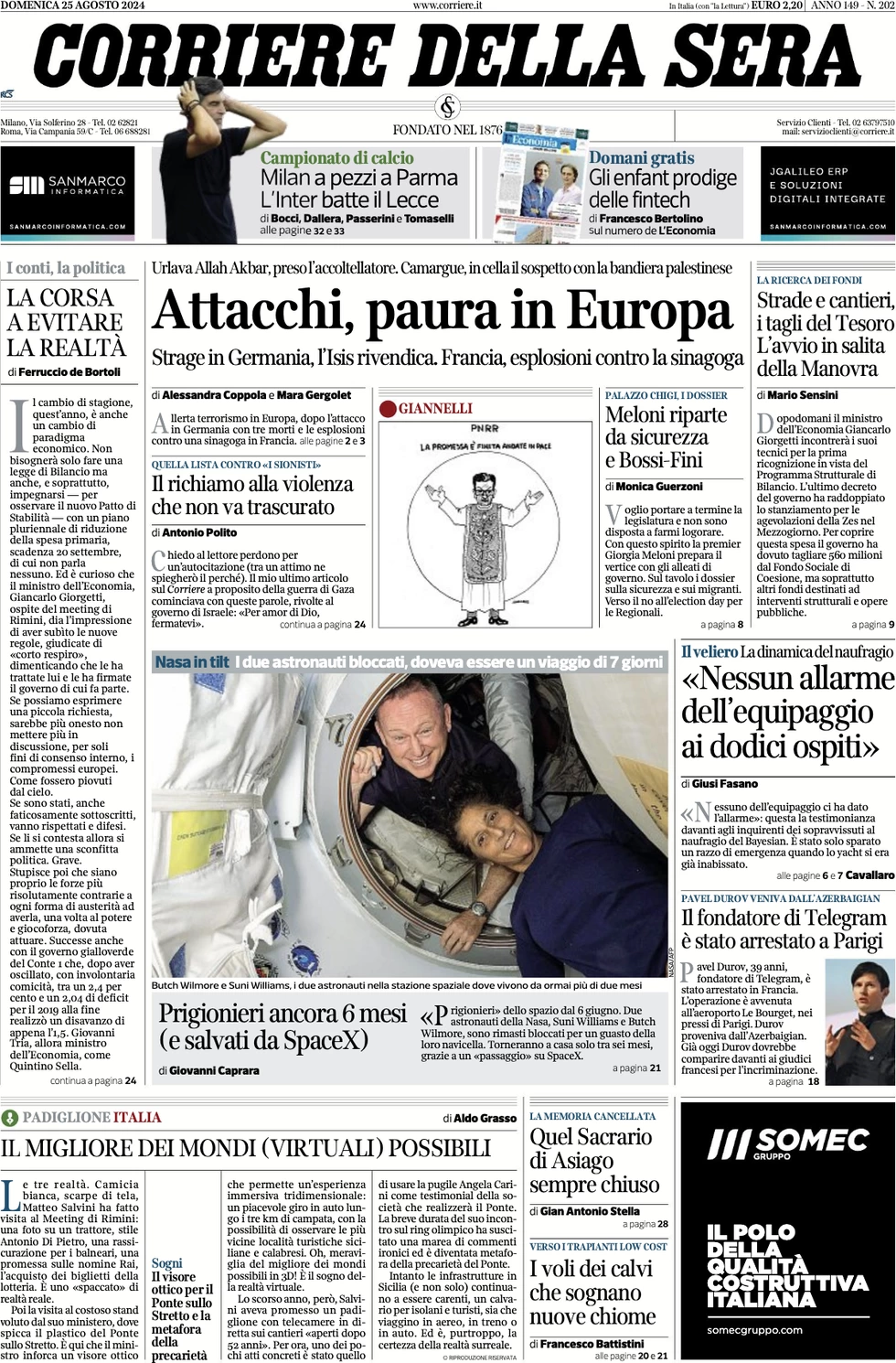 anteprima della prima pagina di corriere-della-sera del 25/08/2024