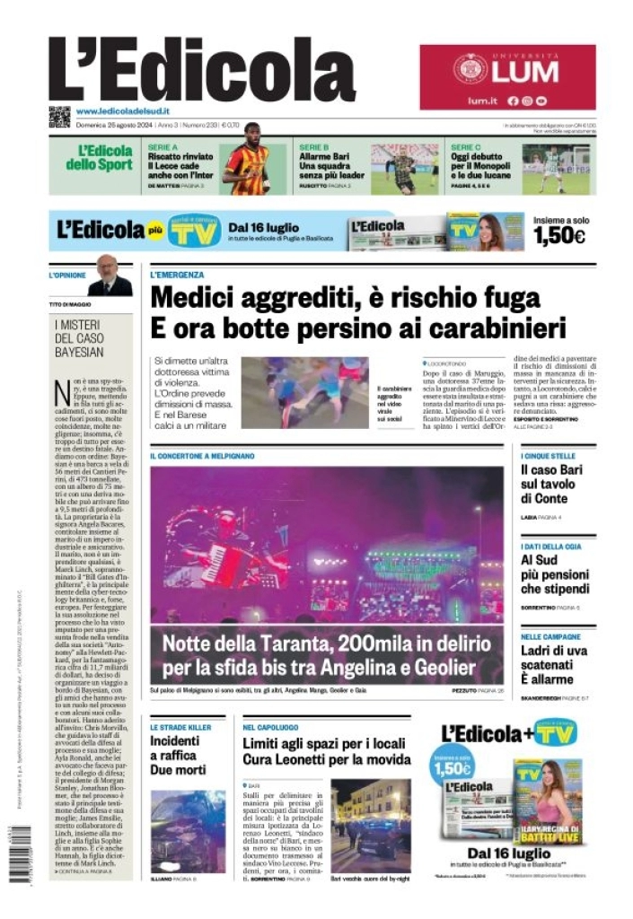 anteprima della prima pagina di ledicola-del-sud-bari,-foggia,-basilicata del 25/08/2024
