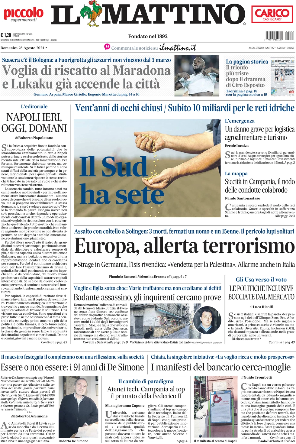 anteprima della prima pagina di il-mattino del 25/08/2024