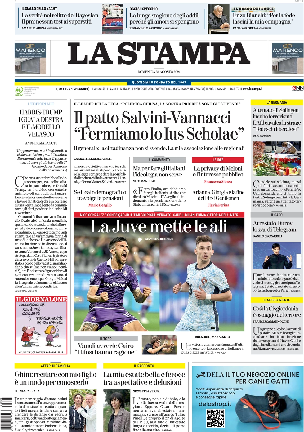 anteprima della prima pagina di la-stampa del 25/08/2024