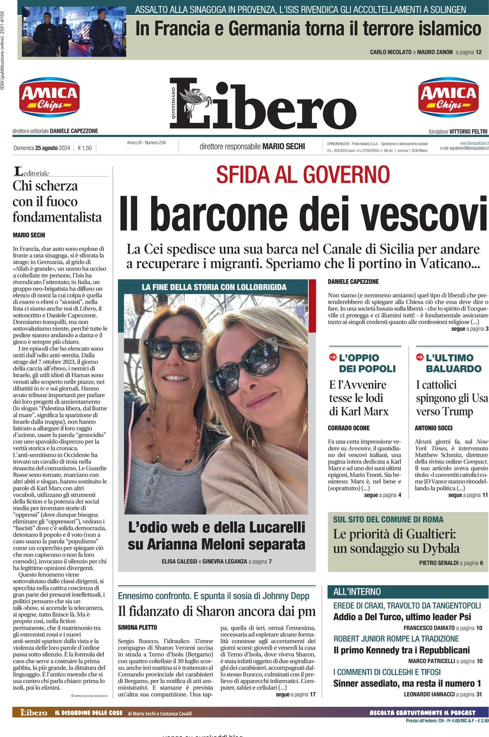 anteprima della prima pagina di libero-quotidiano del 25/08/2024