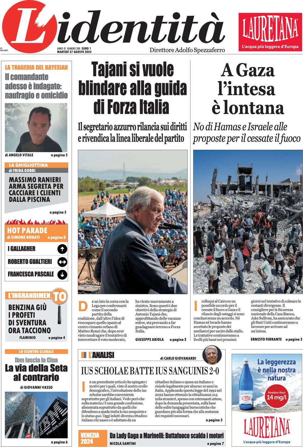 anteprima della prima pagina di lidentit del 26/08/2024