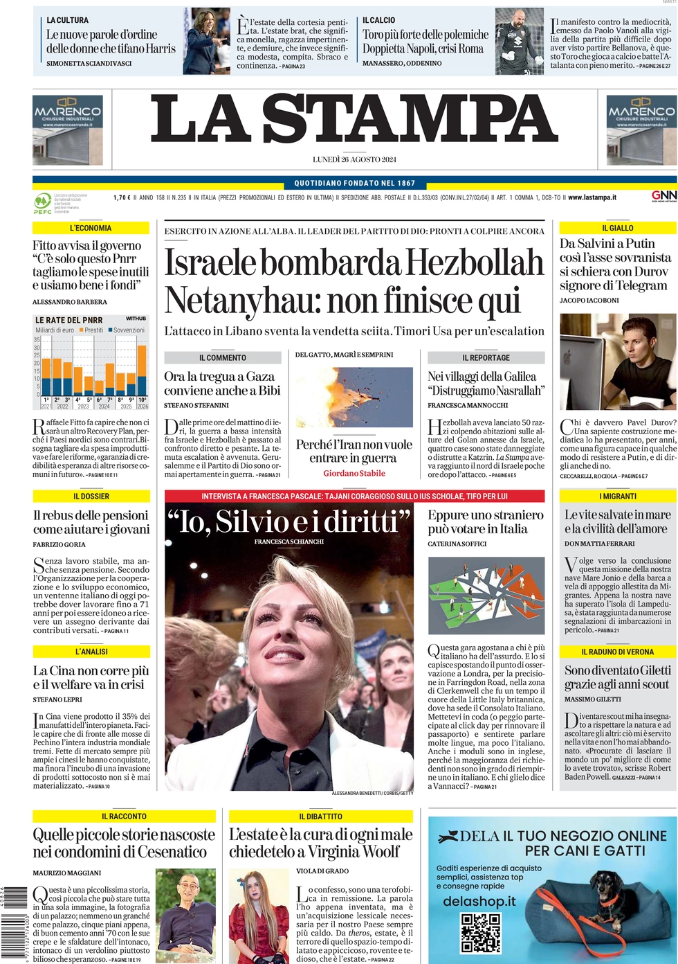 anteprima della prima pagina di la-stampa del 26/08/2024