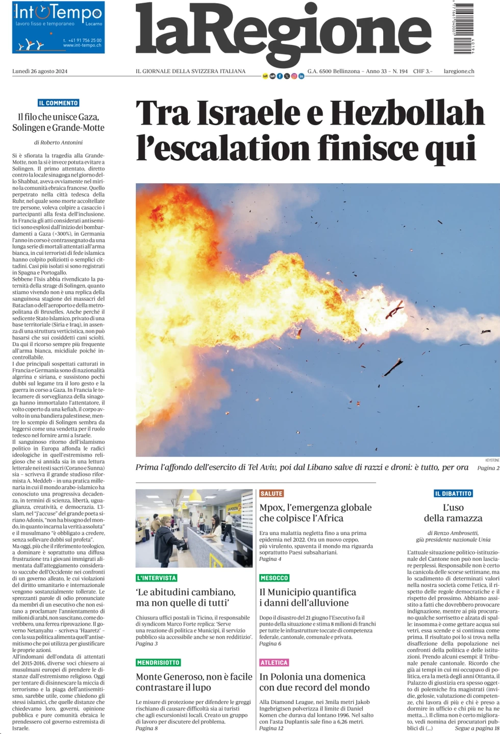 anteprima della prima pagina di la-regione del 26/08/2024