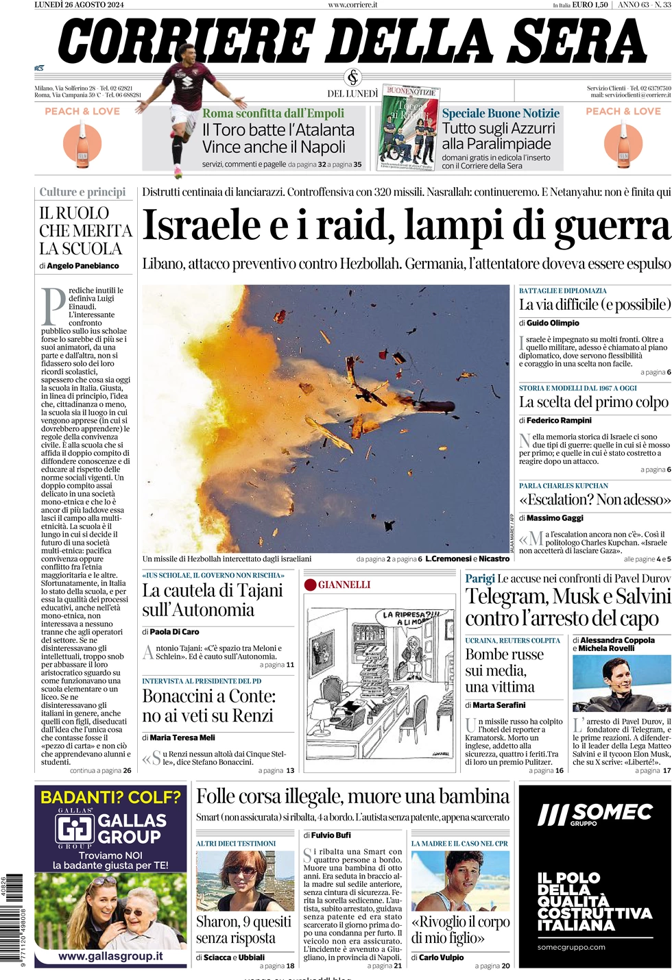 anteprima della prima pagina di corriere-della-sera del 26/08/2024