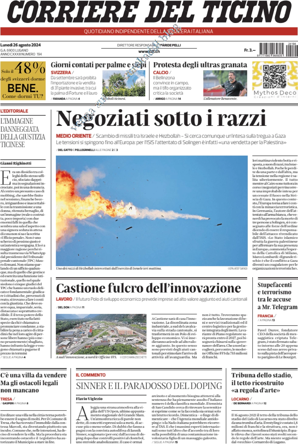 anteprima della prima pagina di corriere-del-ticino del 26/08/2024