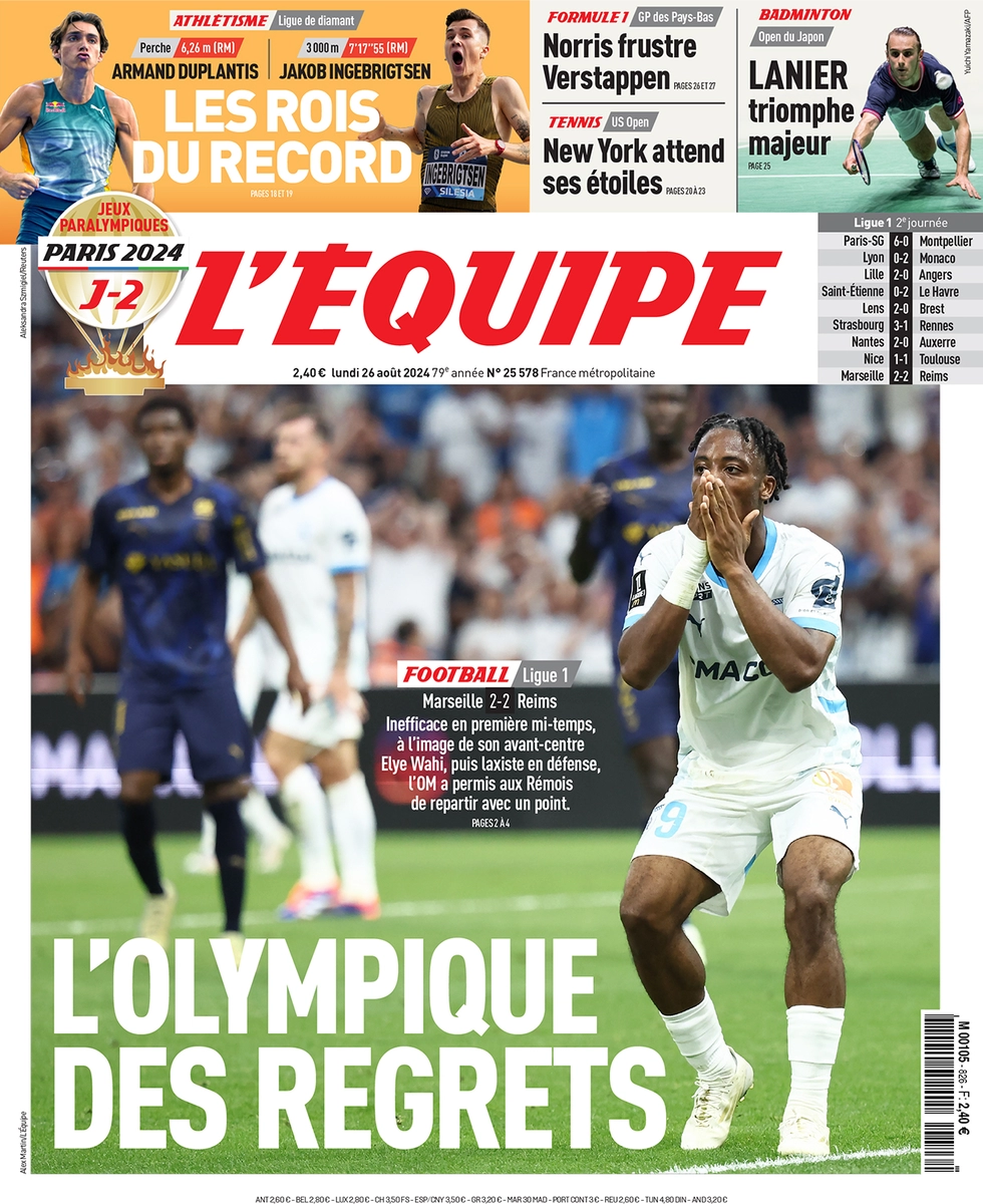anteprima della prima pagina di lequipe del 26/08/2024