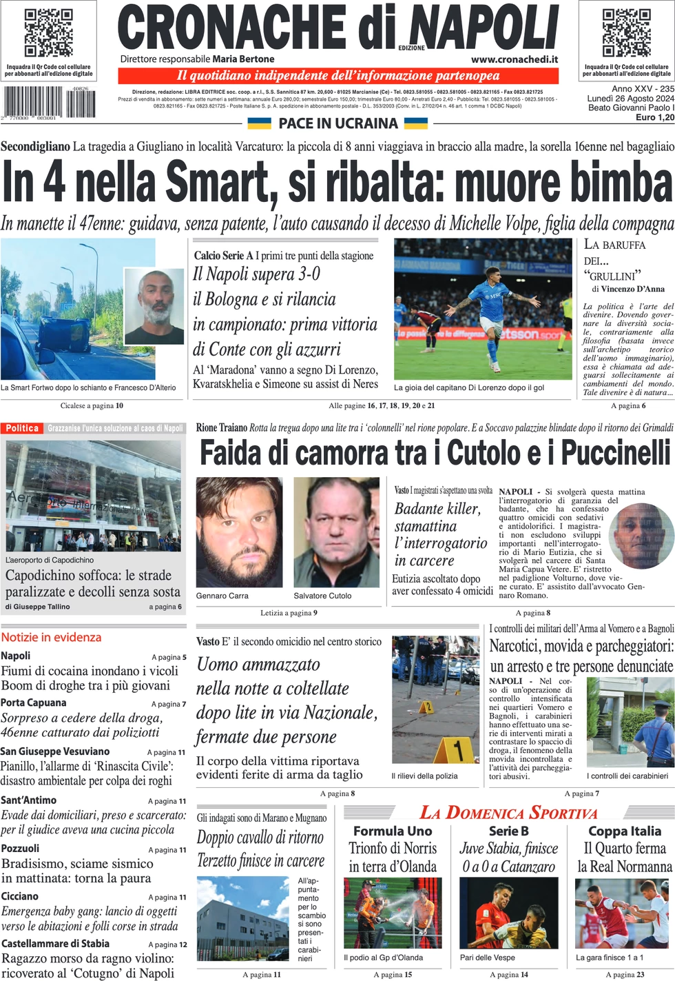 anteprima della prima pagina di cronache-di-napoli del 26/08/2024