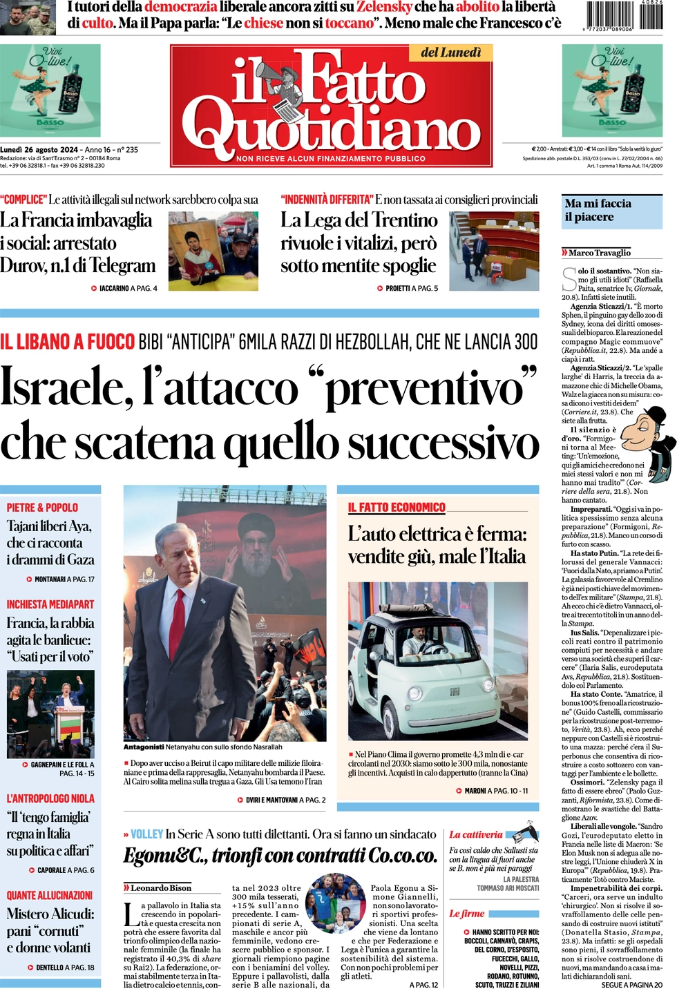 anteprima della prima pagina di il-fatto-quotidiano del 26/08/2024