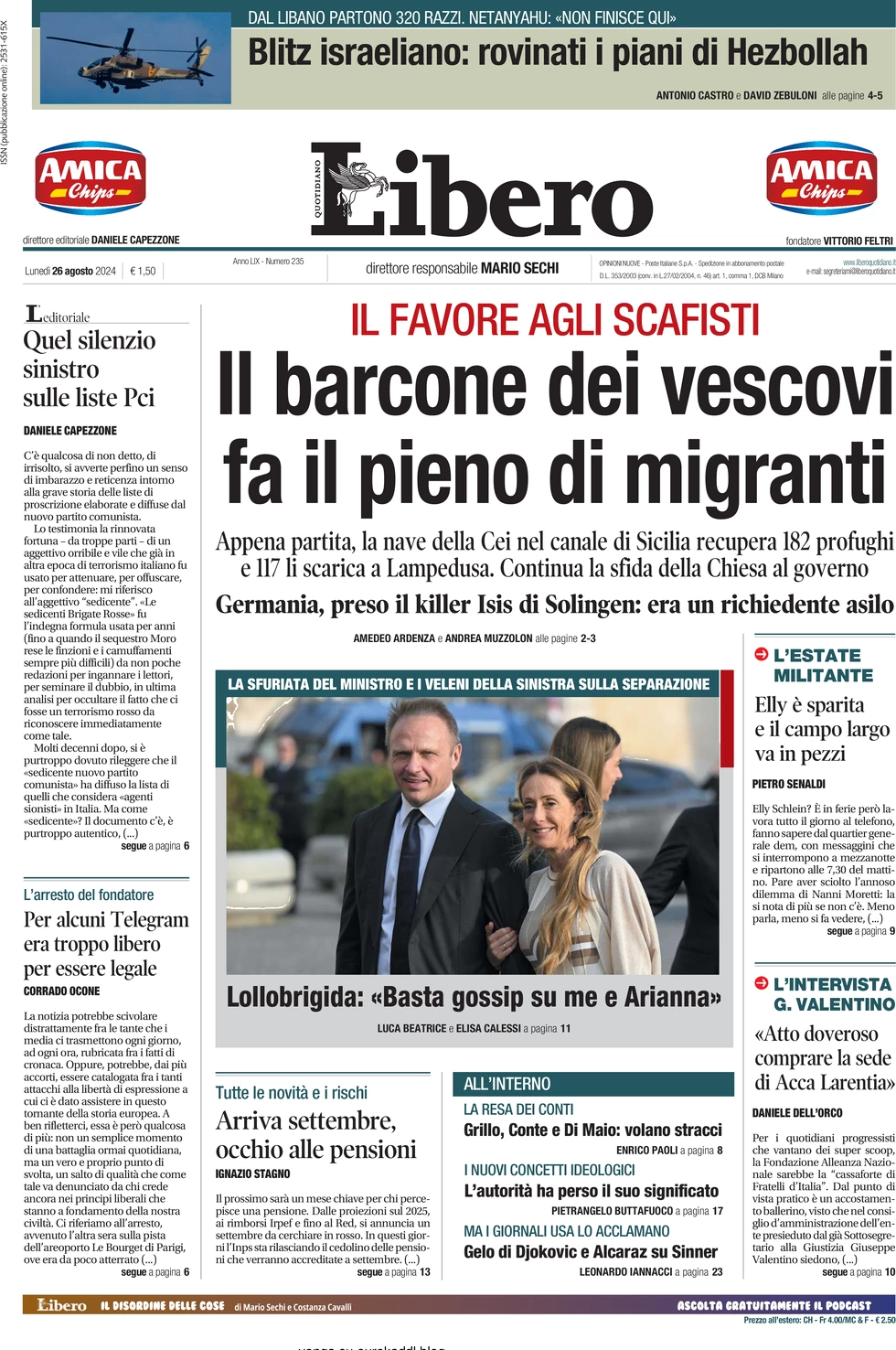 anteprima della prima pagina di libero-quotidiano del 26/08/2024