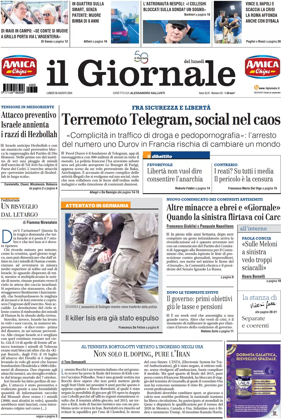 anteprima della prima pagina di il-giornale del 26/08/2024