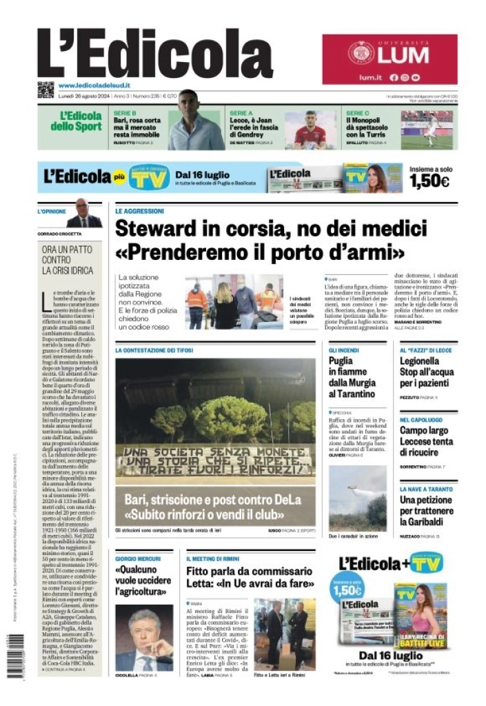 anteprima della prima pagina di ledicola-del-sud-bari,-foggia,-basilicata del 26/08/2024