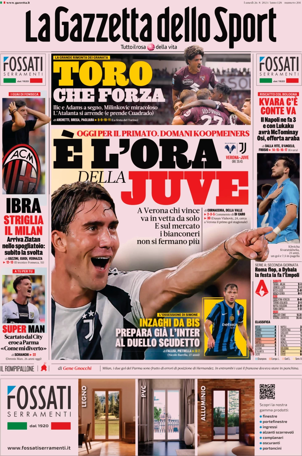 anteprima della prima pagina di la-gazzetta-dello-sport del 26/08/2024