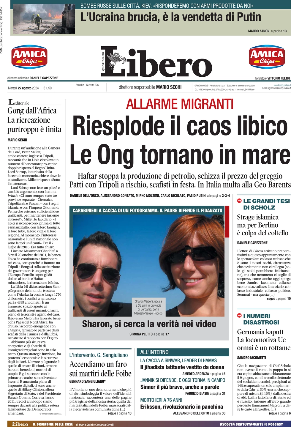 anteprima della prima pagina di libero-quotidiano del 27/08/2024